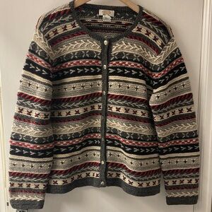 Vintage Women’s Cardigan Sweater in Cream, Gray & Red
